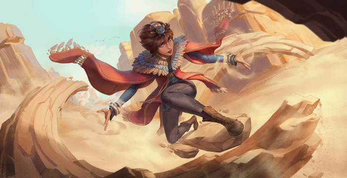 Taliyah from League of Legends in a desert landscape