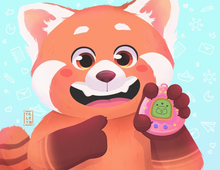 Mei Lee from Turning Red holding a Tamagotchi
