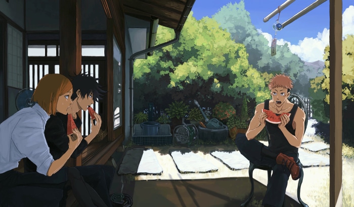 Nobara Kugisaki, Megumi Fushiguro, and Yuji Itadori from Jujutsu Kaisen eating watermelon