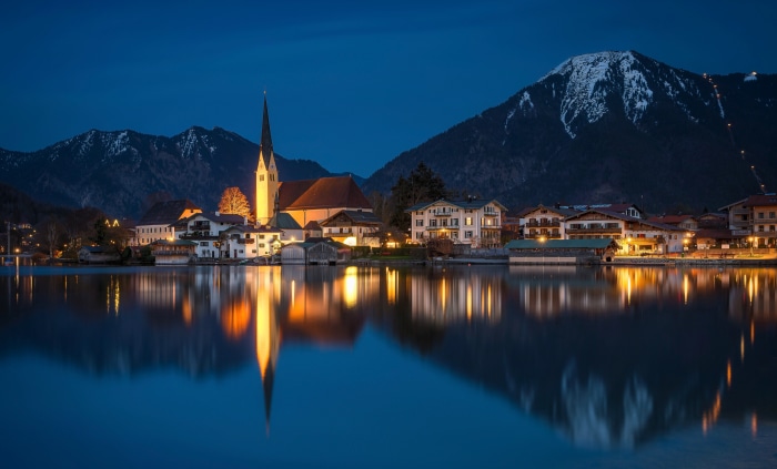 Village reflection on Lake Tegernsee, Germany