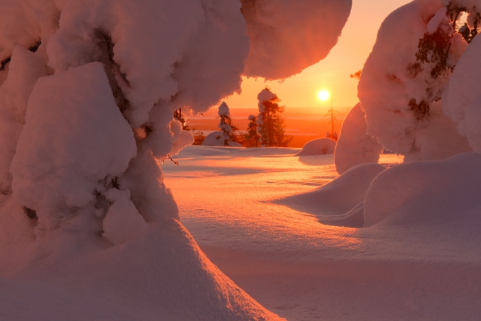 Winter sunset over snow-covered landscape