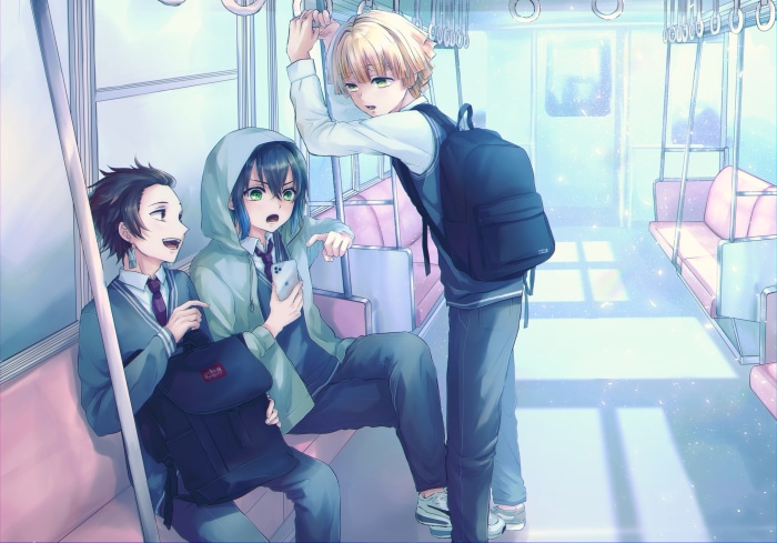 Tanjiro, Zenitsu, and Inosuke from Demon Slayer on a train