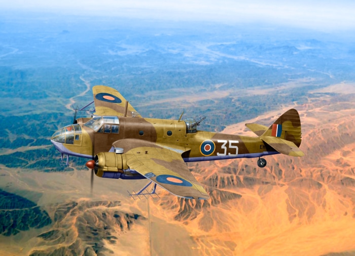 Bristol Beaufort bomber aircraft flying over desert landscape