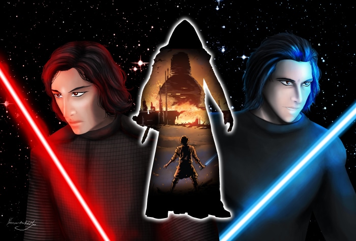 Kylo Ren and Ben Solo with lightsabers