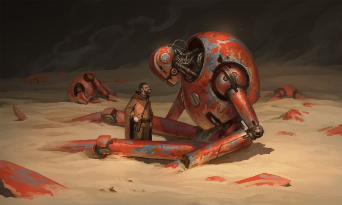 Man and broken robots in a desert