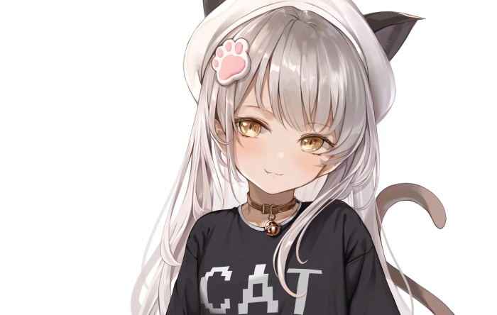 Anime girl with cat ears and tail wearing a black shirt