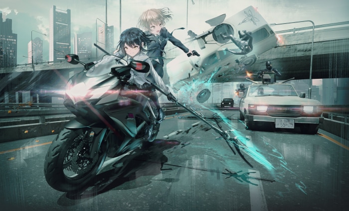 Girls on a motorcycle in a city battle