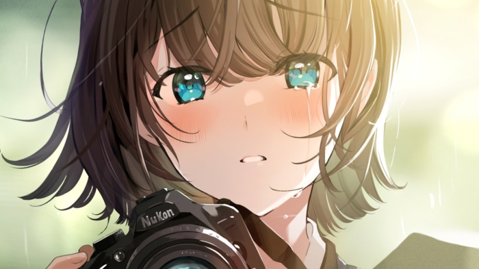 Anime girl crying holding a Nikon camera