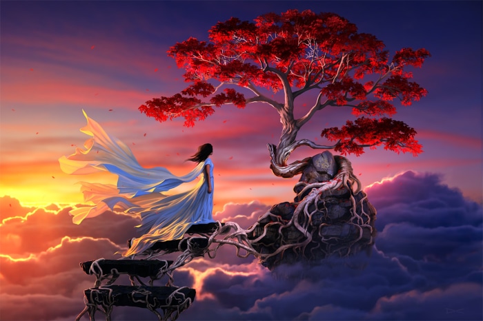 Girl in blue dress by a red tree at sunset
