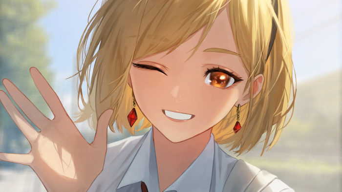 Anime girl with blonde hair winking and waving