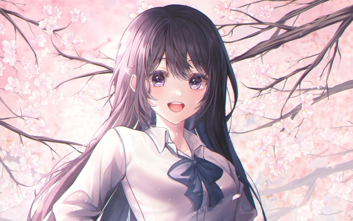 Anime girl with purple eyes and dark hair smiling