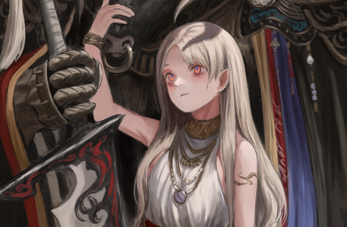 Girl with red eyes and ornate armor