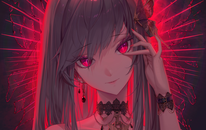 Anime girl with red eyes and butterfly
