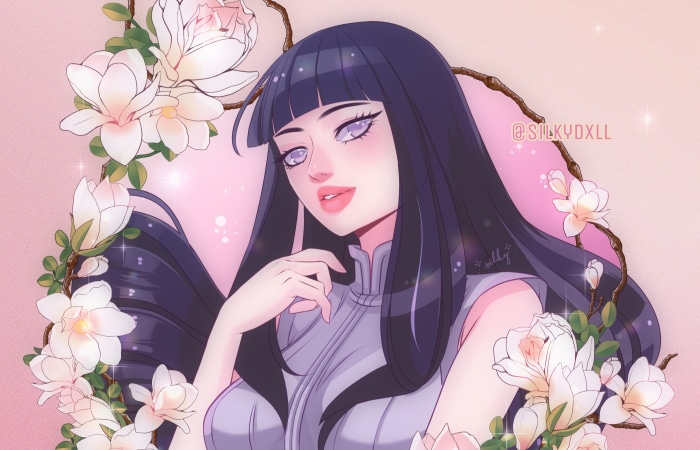 Hinata Hyuga from Naruto surrounded by flowers