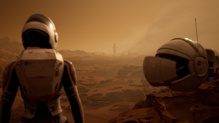 Astronauts on Mars near a spaceship