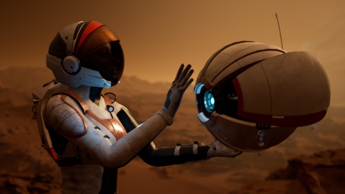 Astronaut with drone on Mars