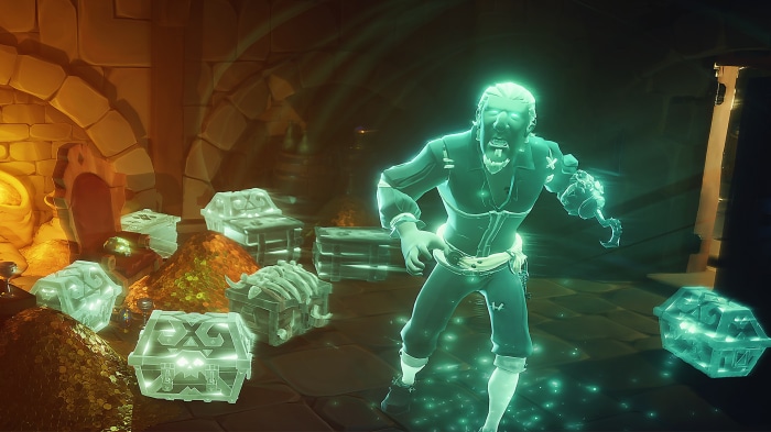 Ghostly Pirate with Treasure Chests in Sea of Thieves