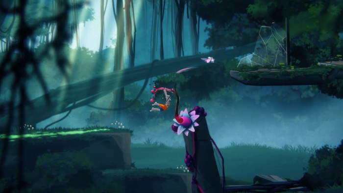 Character swinging on a vine in a forest