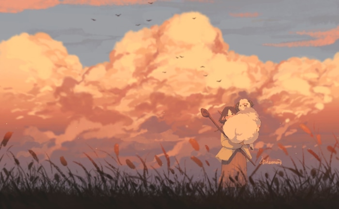 Girl holding a fluffy creature with a staff