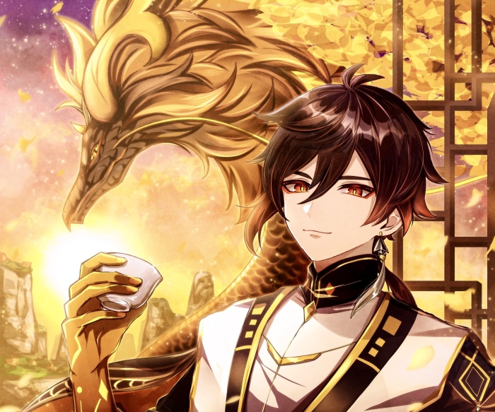 Zhongli and a Golden Dragon from Genshin Impact