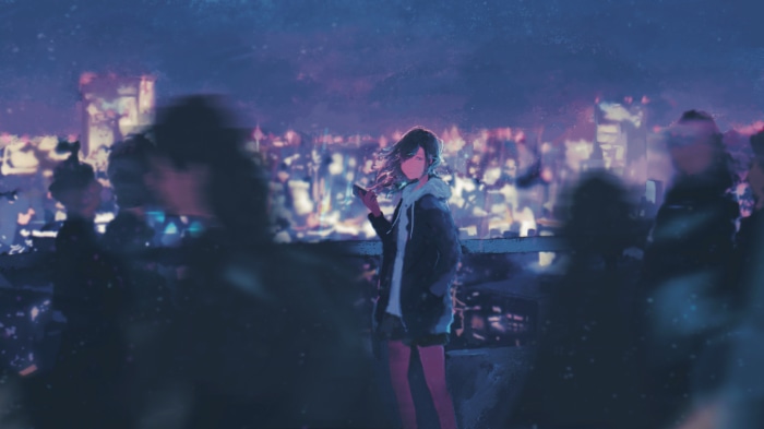 Girl with phone in city at night 4K