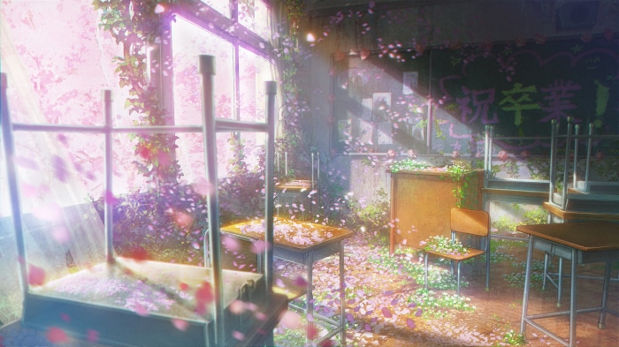 Abandoned Classroom with Cherry Blossoms