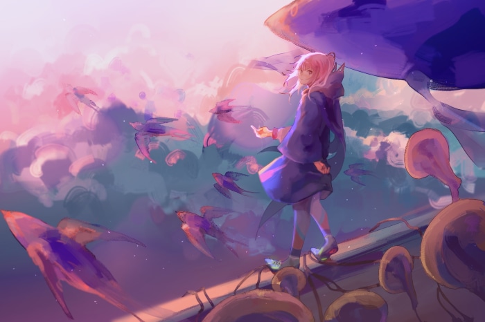 Girl with pink hair surrounded by birds