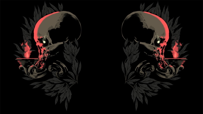 Two skulls with flames and leaves