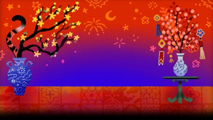 Lunar New Year celebration with floral arrangements