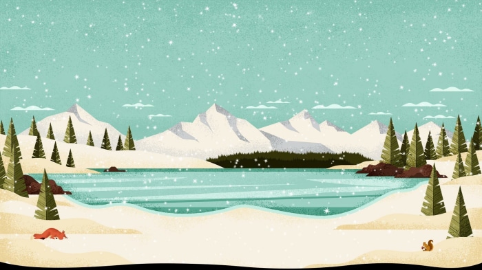 Winter landscape with mountains, lake, and pine trees