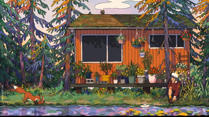 Foxes and girl by a cabin in the woods