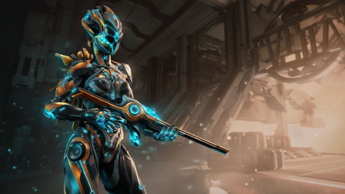 Nova from Warframe holding a rifle