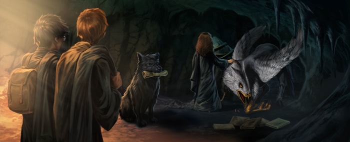 Harry Potter characters in a cave with Buckbeak and Padfoot