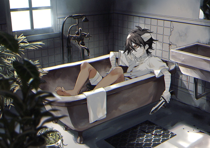 Zack from Angels of Death in a bathtub with a knife