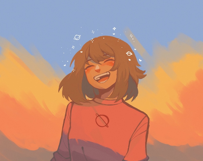 Chara from Undertale smiling against a sunset sky