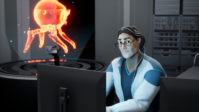 Man in lab coat with holographic octopus