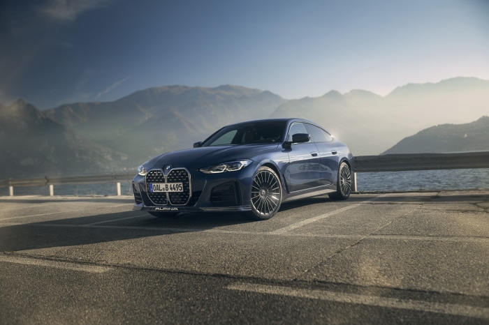 Alpina B4 Gran Coupé parked by a lake