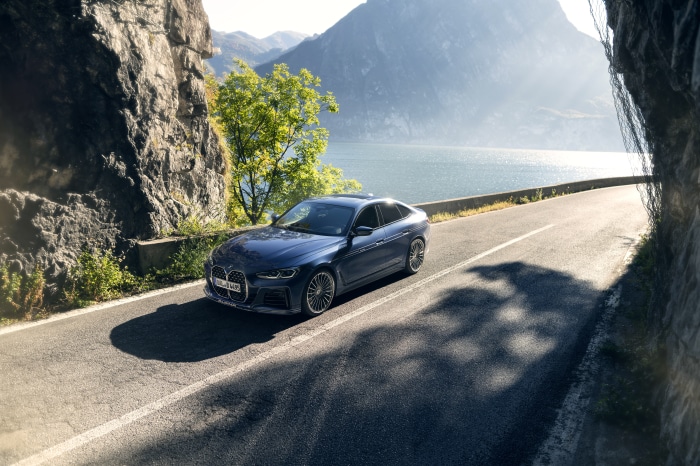 Alpina B4 Gran Coupé on a scenic road