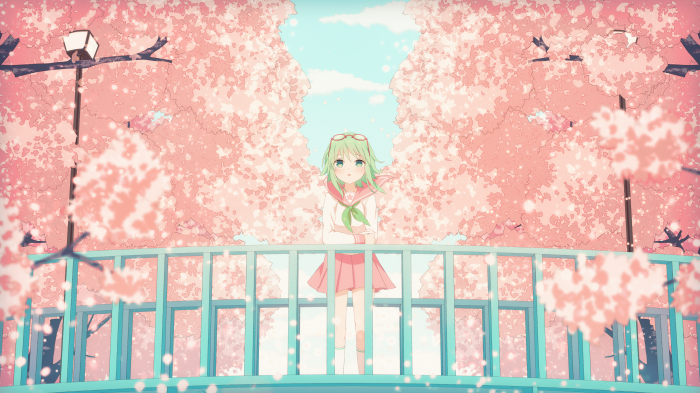 GUMI from Vocaloid under cherry blossoms