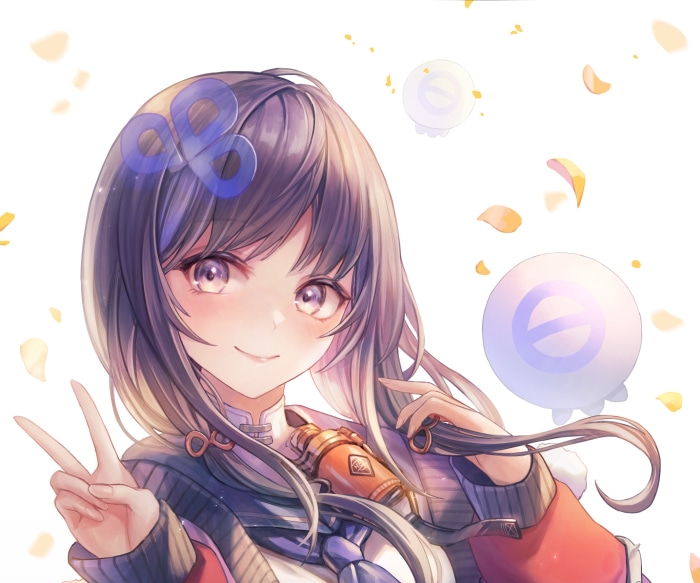 Girl with blue symbol in hair and floating orbs