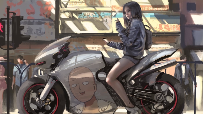Saitama from One-Punch Man on a motorcycle