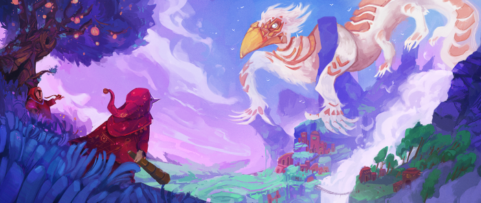 Fantasy creature and robed figures in a mystical landscape