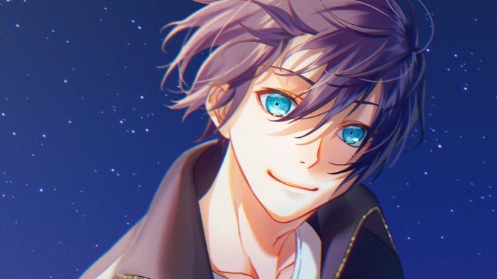 Anime boy with blue eyes and purple hair
