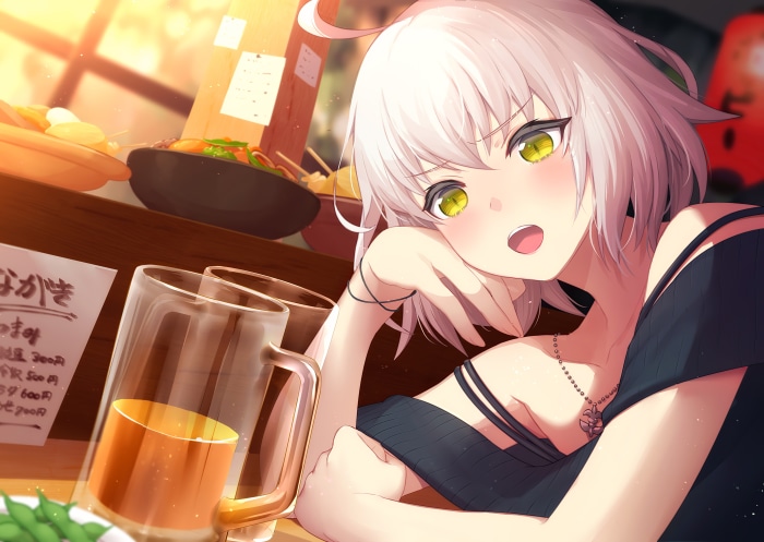 Jeanne d'Arc Alter from Fate/Grand Order with yellow eyes at a bar