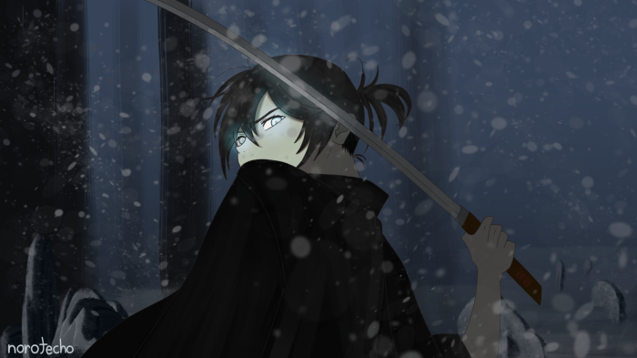 Yato from Noragami holding a sword in the snow