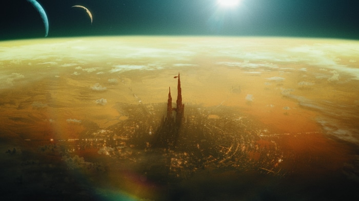 Cityscape with twin spires on alien planet