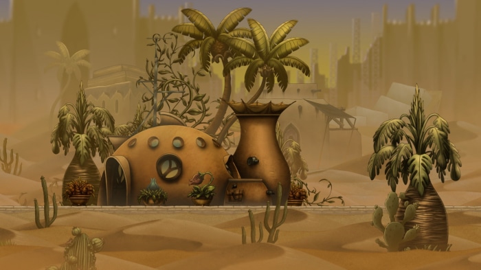 Desert landscape with alien-like structures and plants