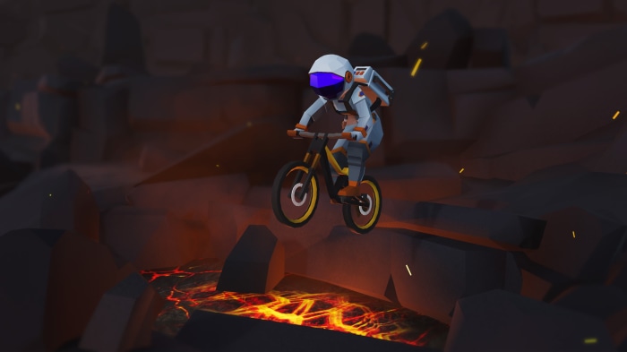 Astronaut riding a bicycle over lava