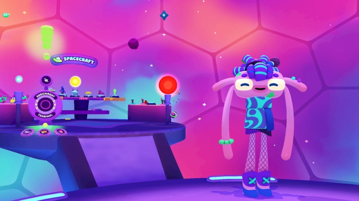 Alien character in a colorful space station