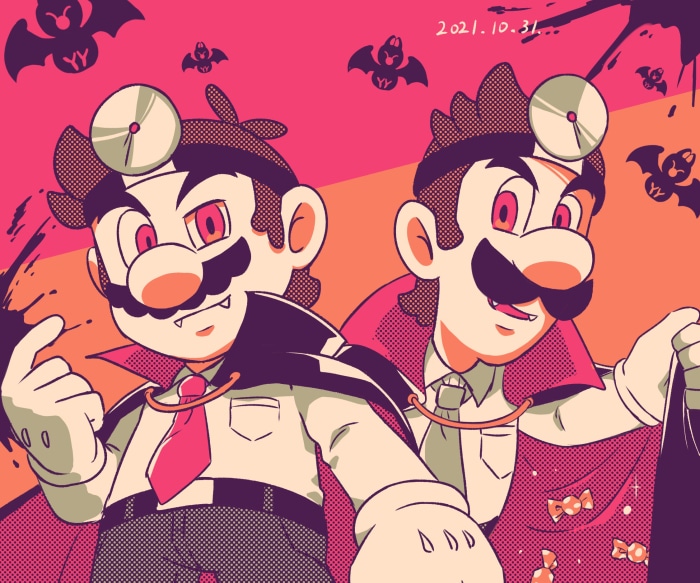 Mario and Luigi as vampires with doctor's lights